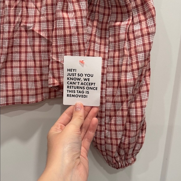 NWT Topshop Womens Off Shoulder Top Sz 4 Seersucker Elastic Wrist-Arm Plaid Pink - Picture 3 of 5